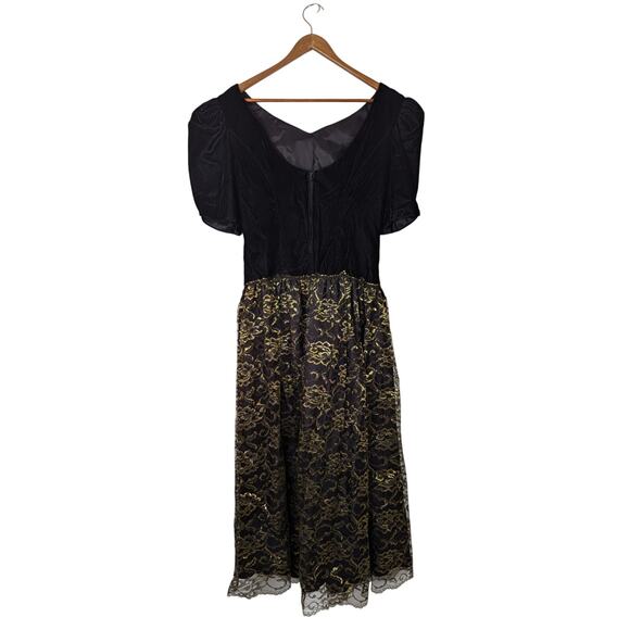 Vtg 80s Formal Dress Expo Nite Womens Small Black Gold Lace Puffy Sleeves Party - Picture 4 of 7